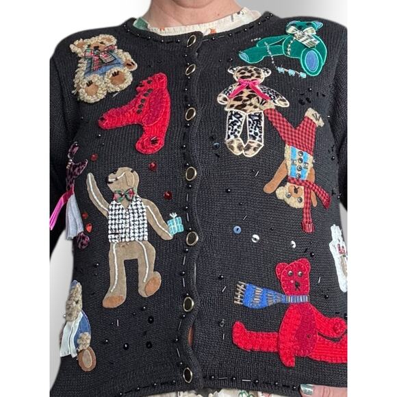 Vintage Susan Bristol Teddy Bear Applique Black Knit Cardigan Sweater Petite - Picture 5 of 13